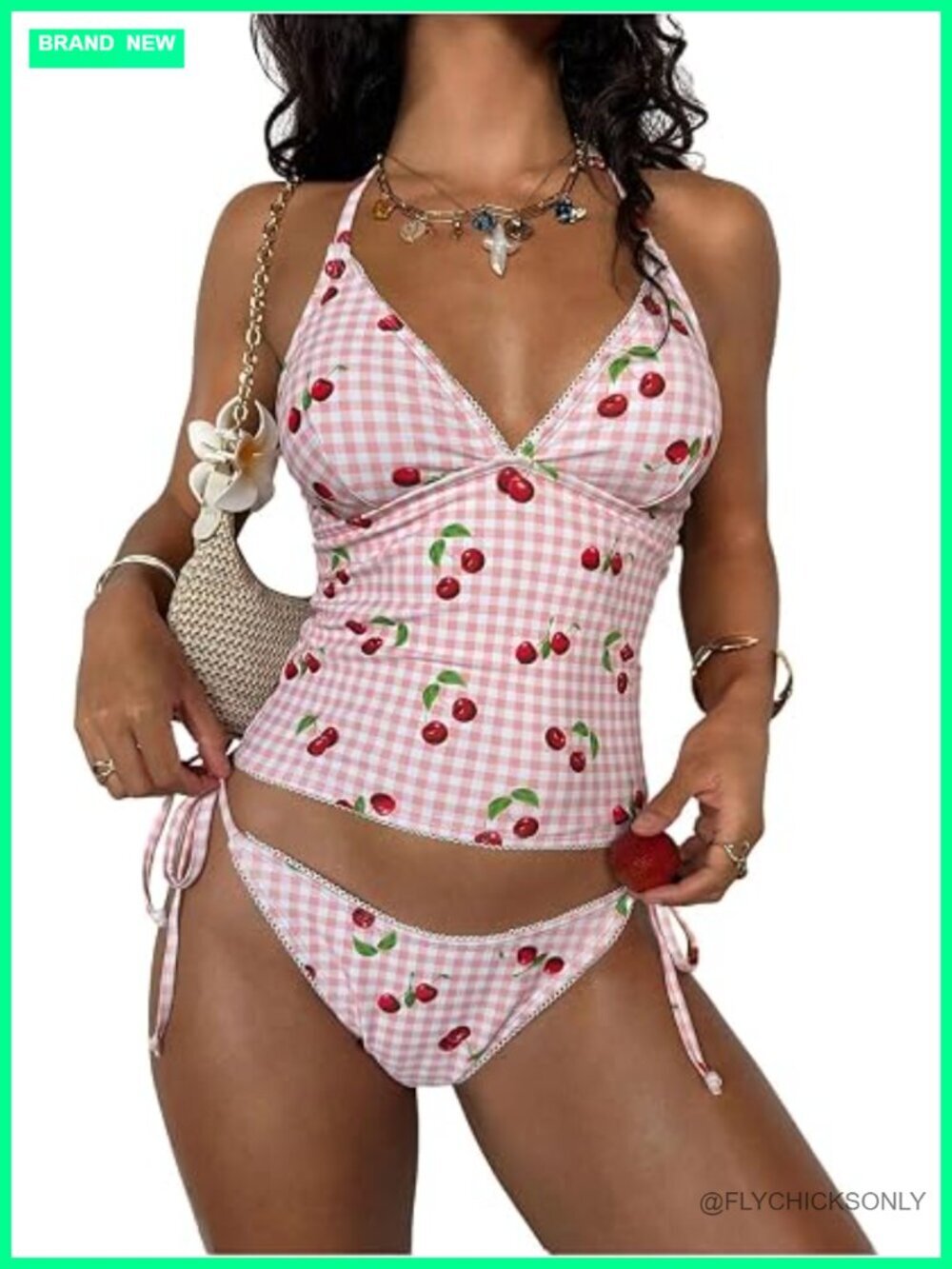 WDIRARA Women's Halter Tankini Swimsuit Cherry Print Gingham Tie Side 2 Piece